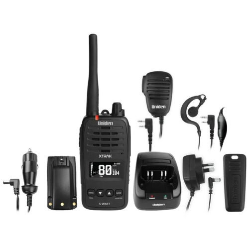 WORKWEAR, SAFETY & CORPORATE CLOTHING SPECIALISTS  - Uniden UHF CB Handled 5W 2 Way Radio with Oled display, Microphone and ear piece.-Black