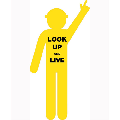 WORKWEAR, SAFETY & CORPORATE CLOTHING SPECIALISTS  - 1800x900mm - Corflute - Yellow Cut Out Safety Construction Worker  [Arms Up - Finger Pointing] Print